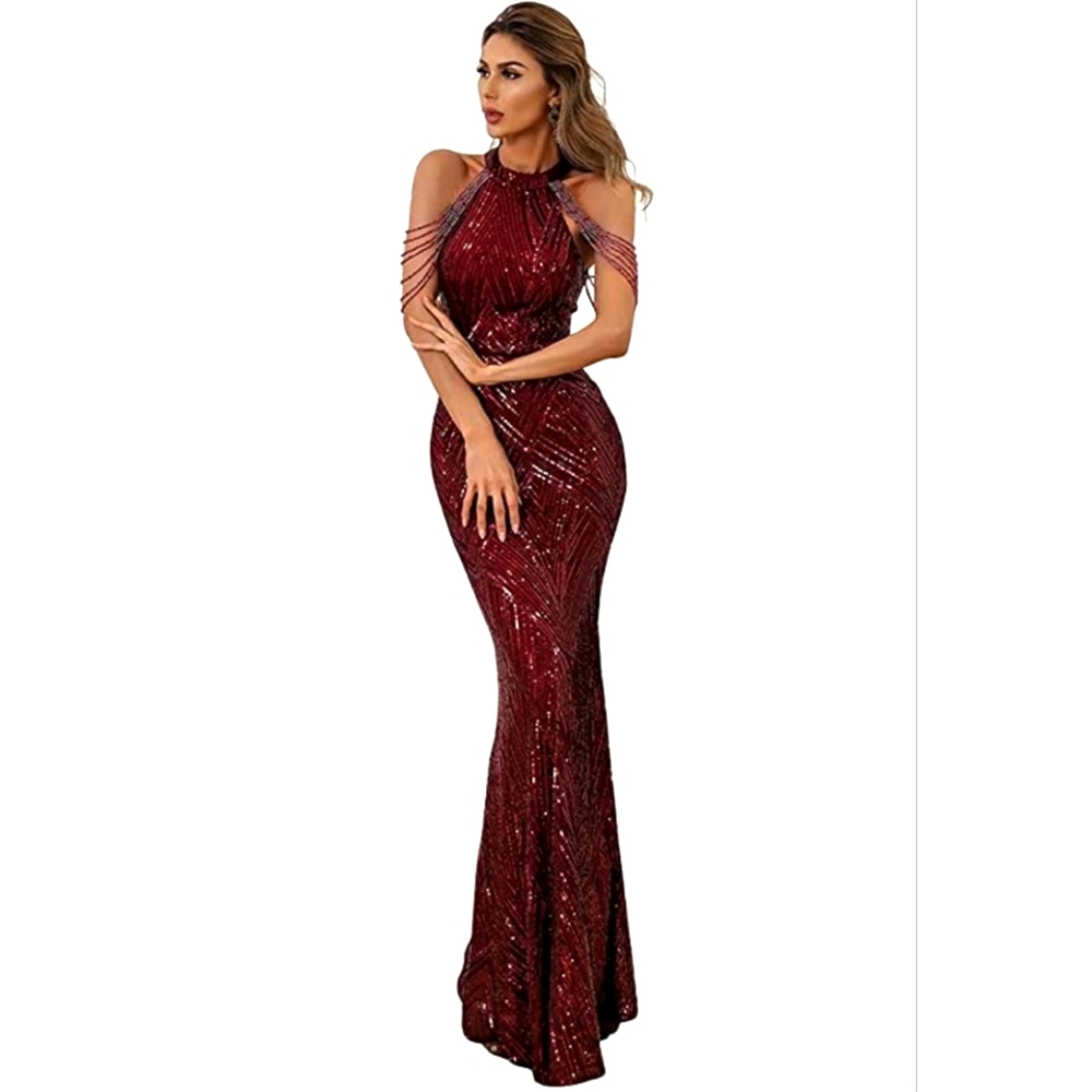 Burgundy Red Halter Sequin Dress